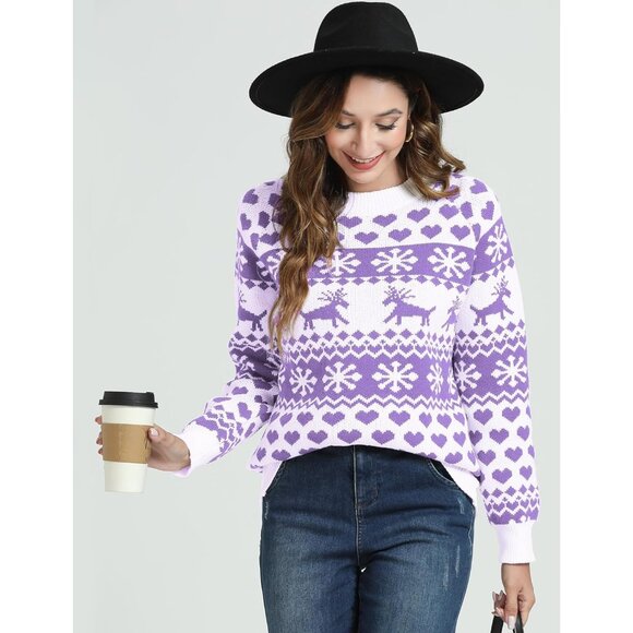 Women Ugly Christmas Purple Sweater Reindeer Snowflake Knit Pullover Crew Neck - Picture 4 of 6